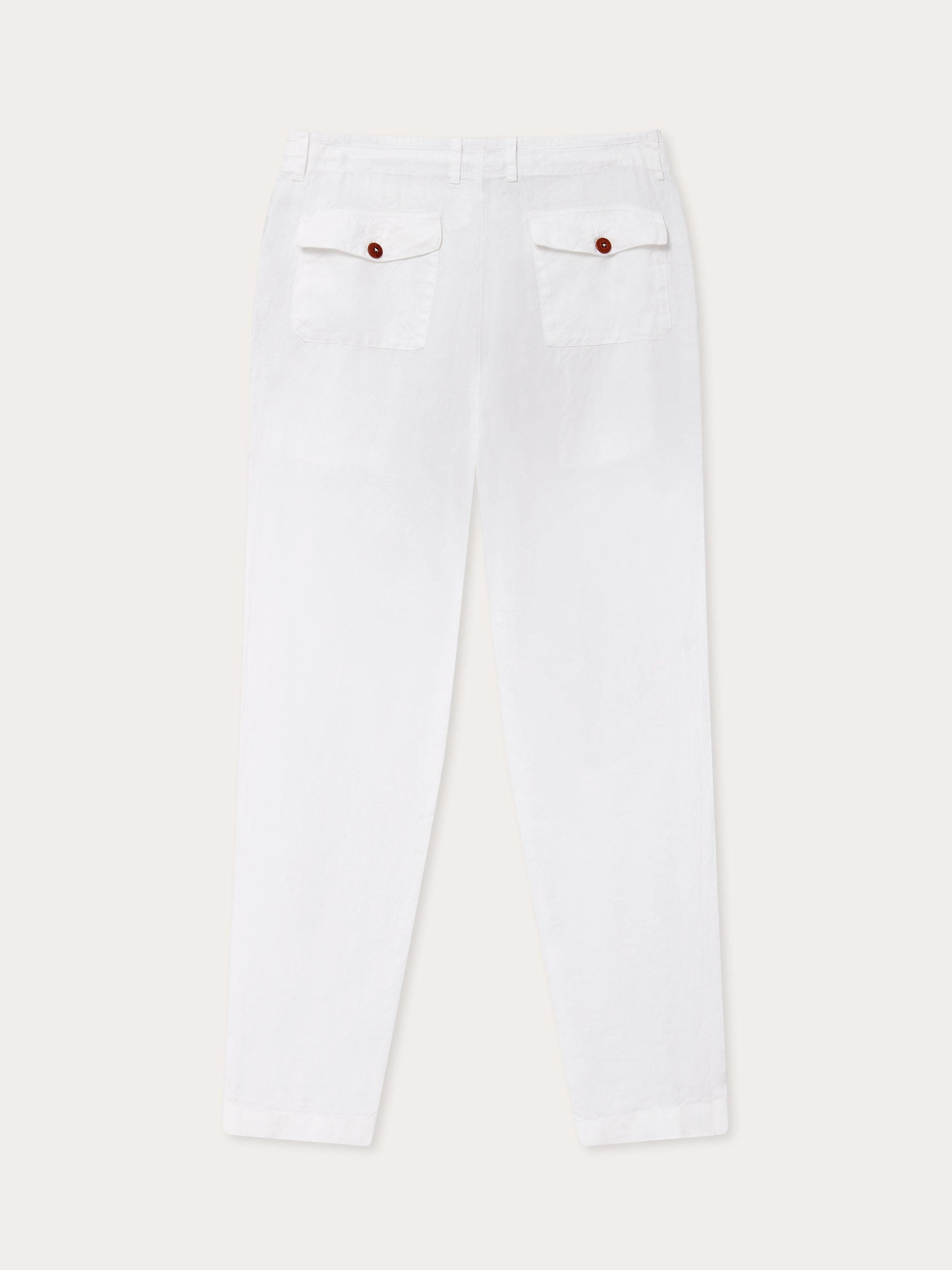 back view of white mens linen trousers with 2 back pockets.