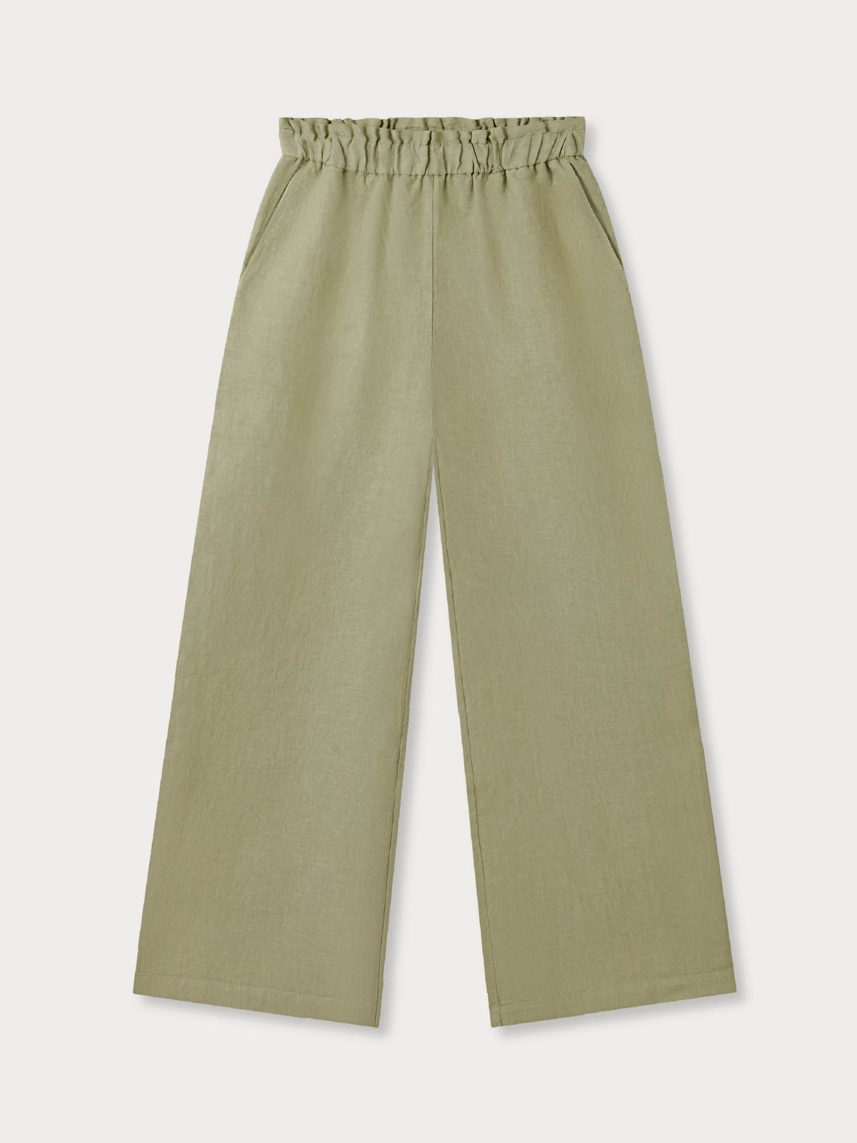 Green wide-leg pants on a light grey background