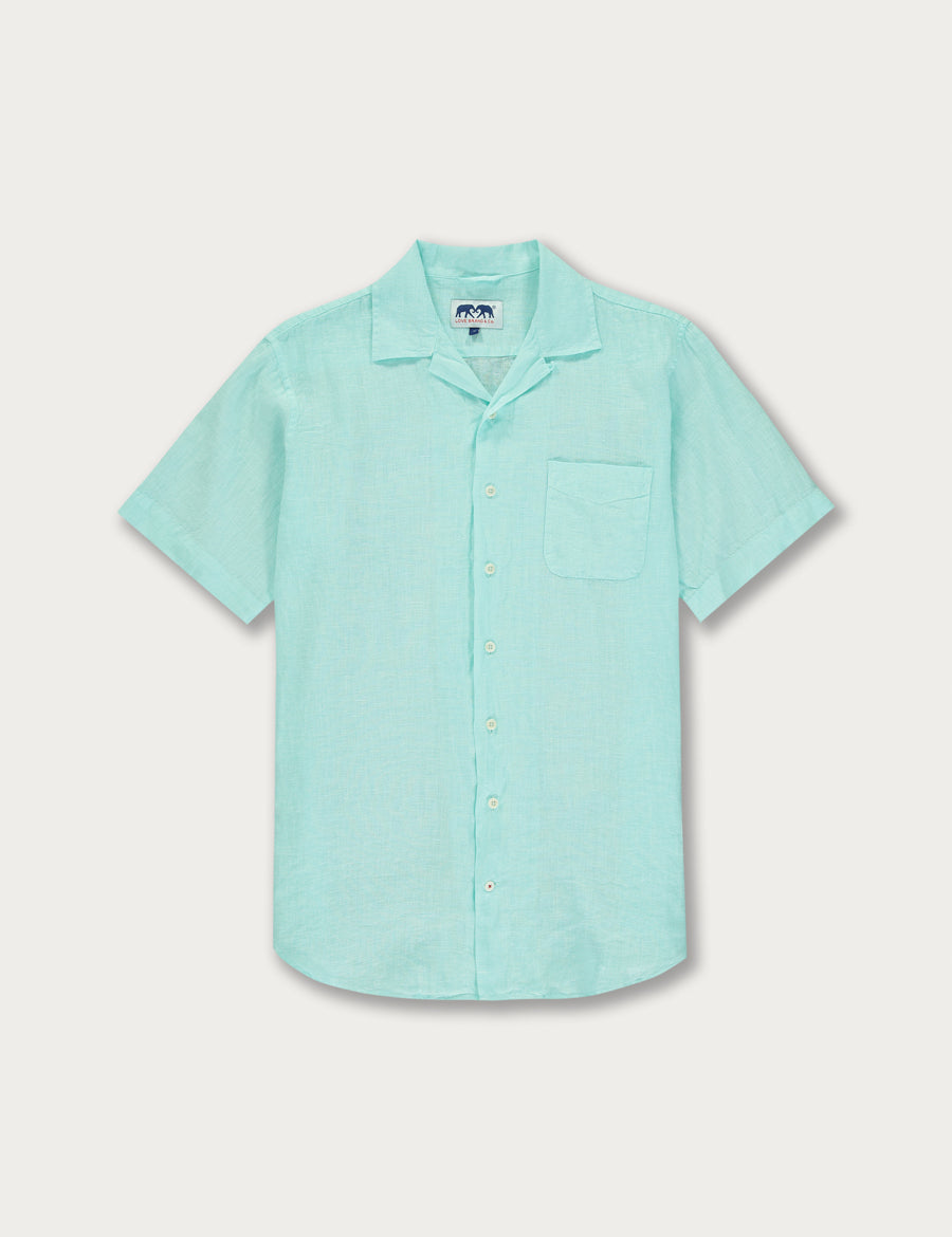 Cay Green Arawak mens Linen Shirt with short sleeves and a front pocket, inspired by the Bahamian sea.