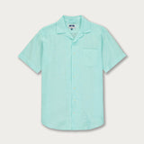 Cay Green Arawak mens Linen Shirt with short sleeves and a front pocket, inspired by the Bahamian sea.