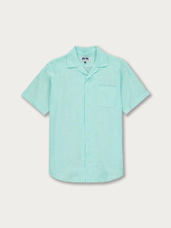 Cay Green Arawak mens Linen Shirt with short sleeves and a front pocket, inspired by the Bahamian sea.