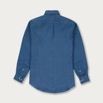 Men's Chambray Abaco Linen Shirt rear view showing long sleeves and buttoned cuffs.