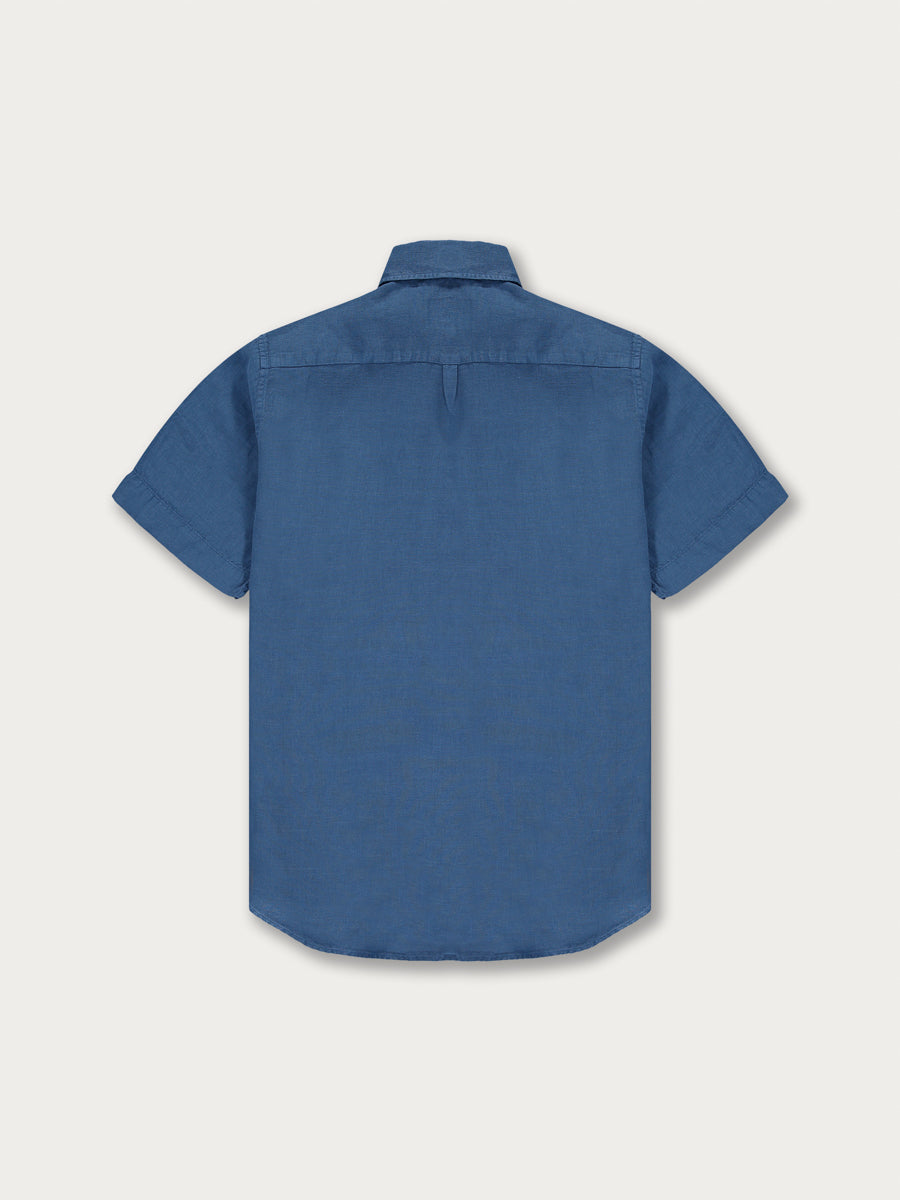 Back view of men's chambray blue linen shirt with short sleeves
