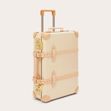 Globe-Trotter Safari 20" Trolley Case. Travel luggage with tan leather straps and gold-tone hardware.