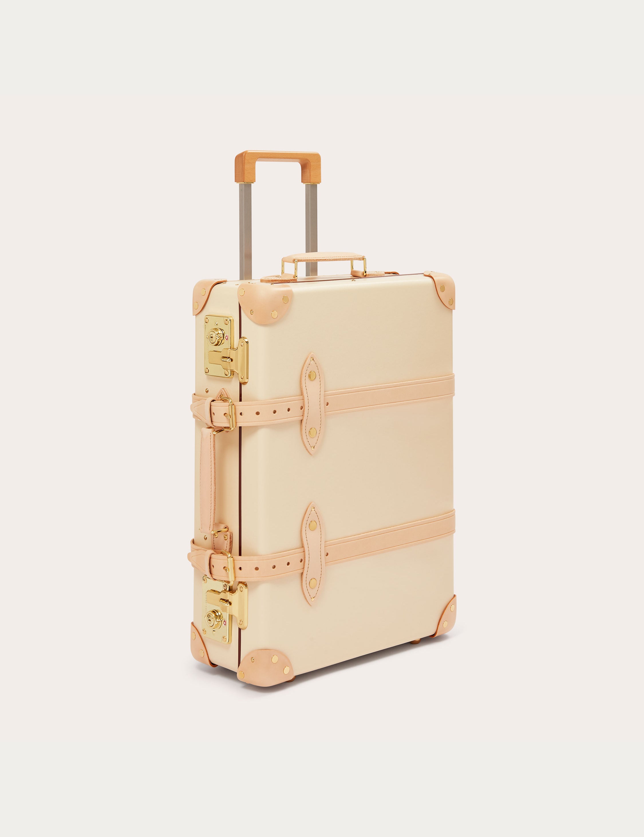 Globe-Trotter Safari 20" Trolley Case. Travel luggage with tan leather straps and gold-tone hardware.