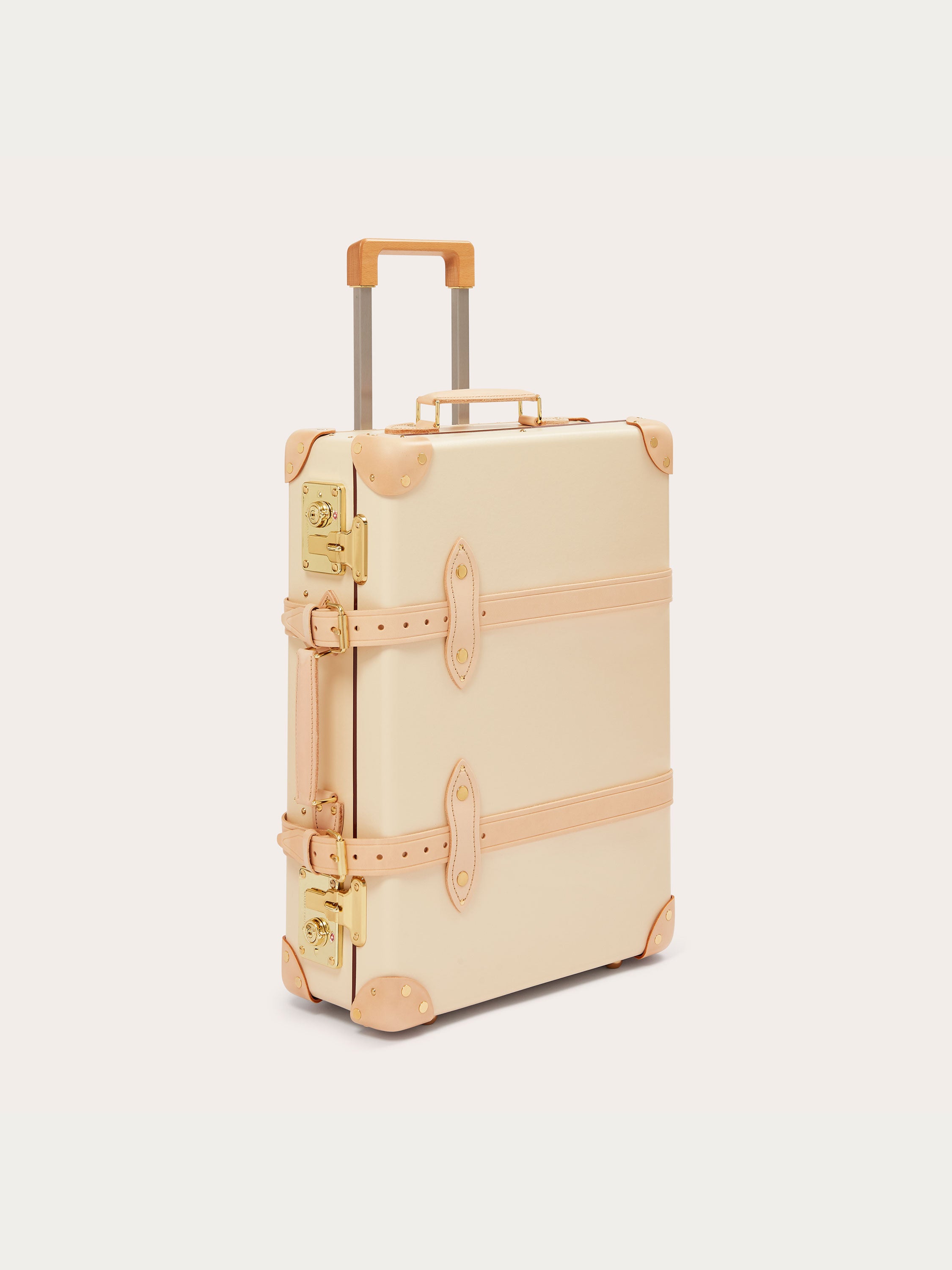 Globe-Trotter Safari 20" Trolley Case. Travel luggage with tan leather straps and gold-tone hardware.