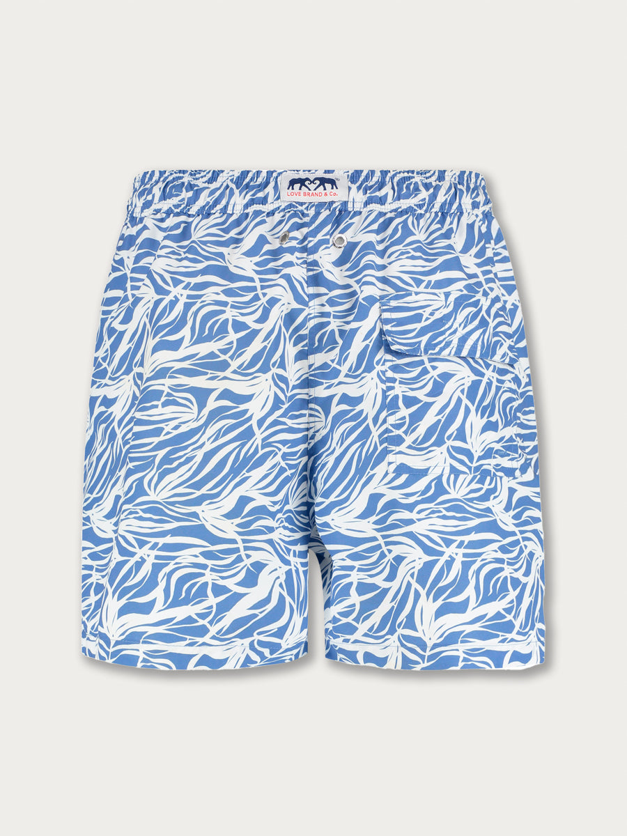 blue and white swim shorts