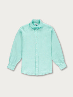 Men's Cay Green Abaco Linen Shirt, long-sleeved, button-down, crafted from 100% linen, inspired by the vibrant hue of Bahamian Cays.