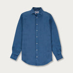 Men's Chambray Abaco Linen Shirt in blue, long-sleeve, button-down front, displayed on a plain background.