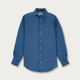 Men's Chambray Abaco Linen Shirt in blue, long-sleeve, button-down front, displayed on a plain background.