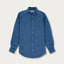 Men's Chambray Abaco Linen Shirt in blue, long-sleeve, button-down front, displayed on a plain background.