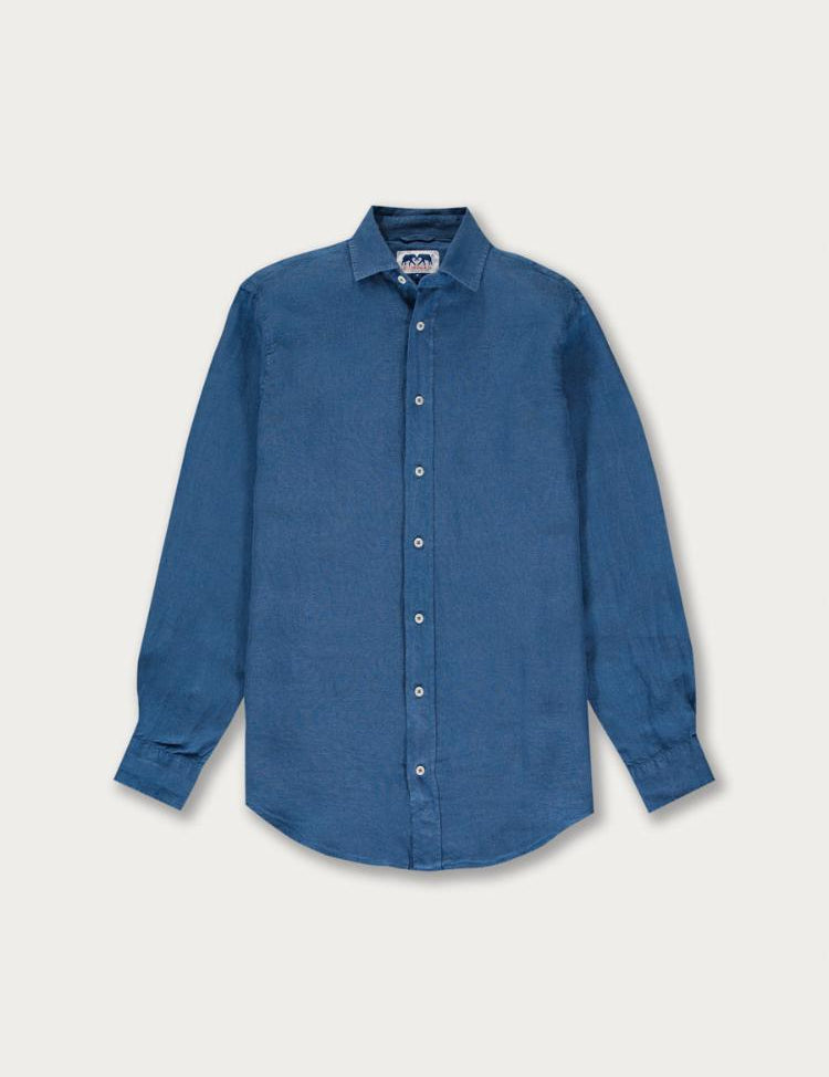 Men's Chambray Abaco Linen Shirt in blue, long-sleeve, button-down front, displayed on a plain background.