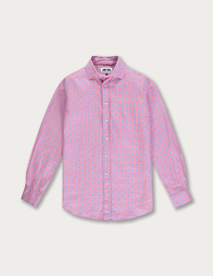 Men's Cowrie Kiss Abaco Linen Shirt with geometric grid pattern of Cowrie shells in pink and blue.