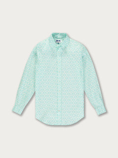 Men's Dolphin Delirium Abaco Linen Shirt featuring an intricate dolphin print inspired by bottlenose dolphins in the Mediterranean Sea.