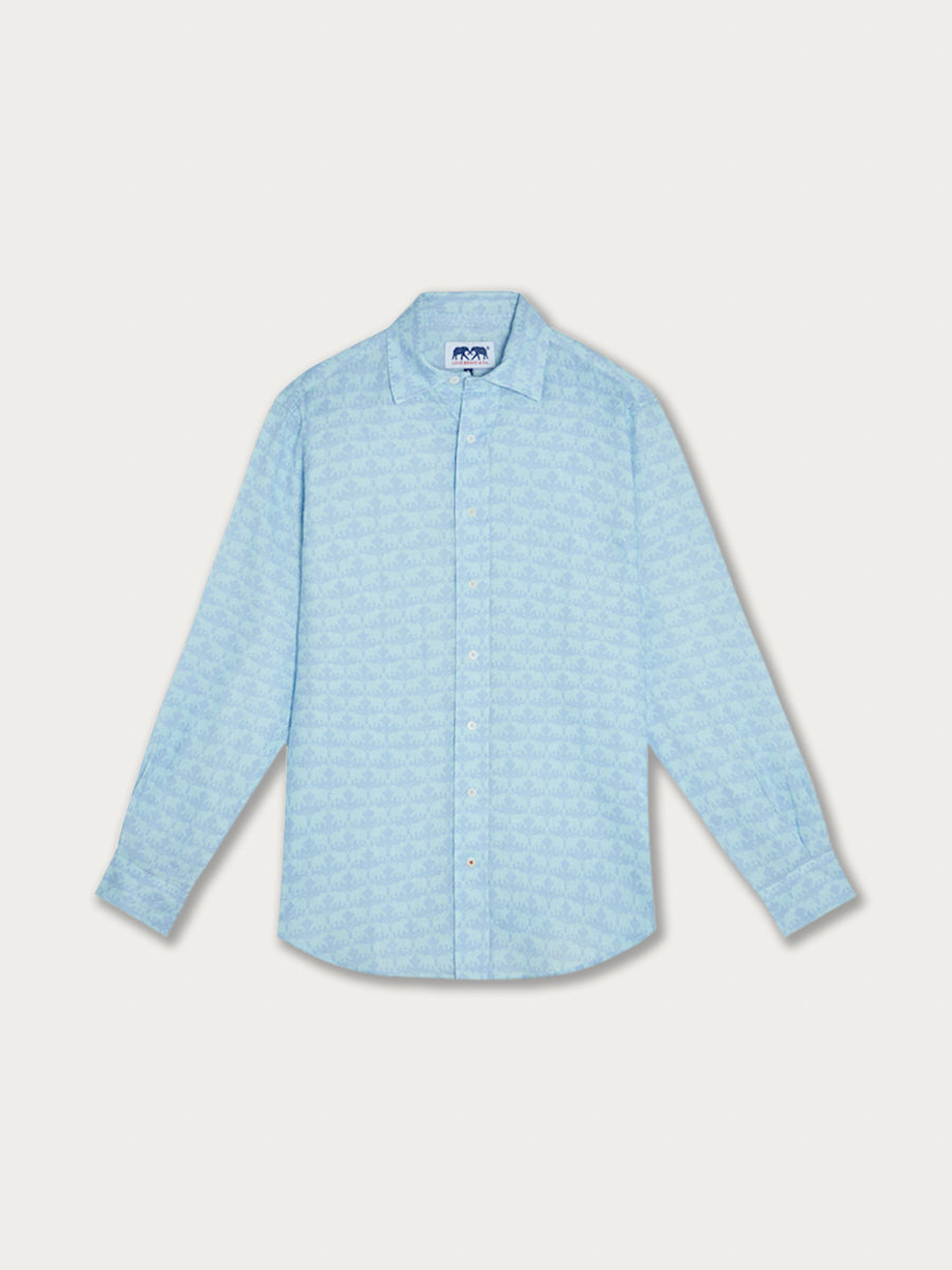 Men's Elephant Dance Blue Abaco Linen Shirt featuring a pale blue elephant print, crafted from 100% premium linen.