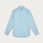 Men's Elephant Dance Blue Abaco Linen Shirt featuring a pale blue elephant print, crafted from 100% premium linen.