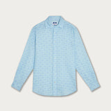 Men's Elephant Dance Blue Abaco Linen Shirt featuring a pale blue elephant print, crafted from 100% premium linen.