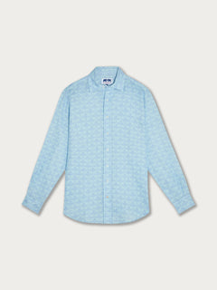 Men's Elephant Dance Blue Abaco Linen Shirt featuring a pale blue elephant print, crafted from 100% premium linen.