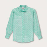 Men's Elephant Dance Mint Abaco Linen Shirt, long-sleeved with button-down front and symbolic elephant print.