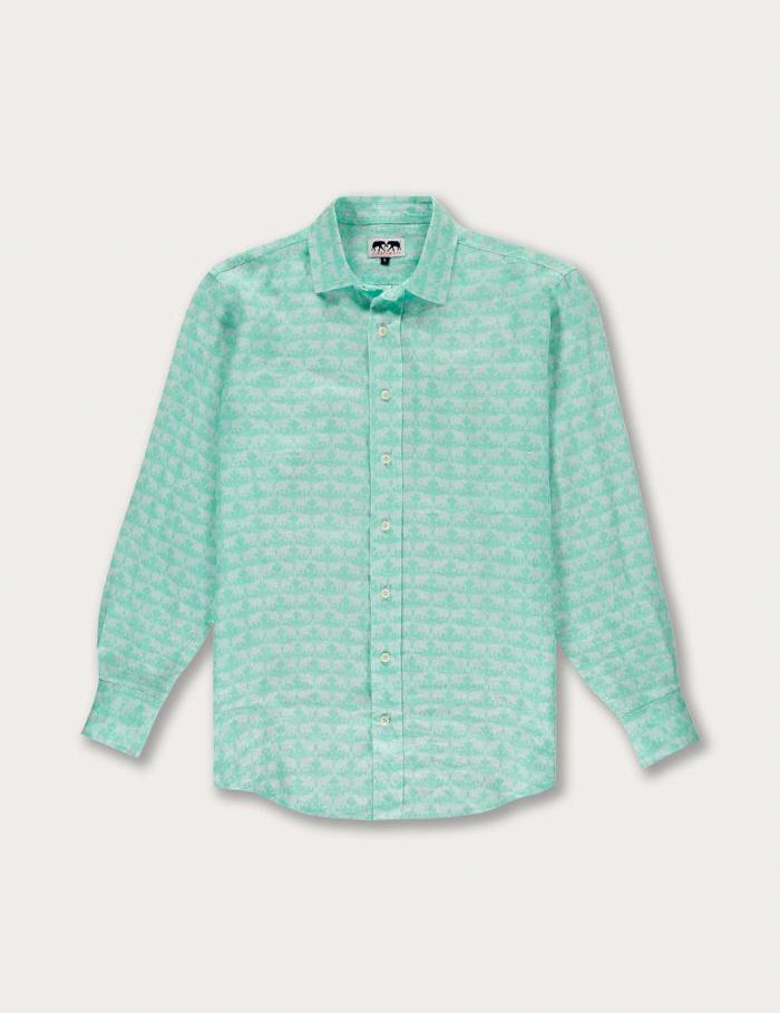 Men's Elephant Dance Mint Abaco Linen Shirt, long-sleeved with button-down front and symbolic elephant print.