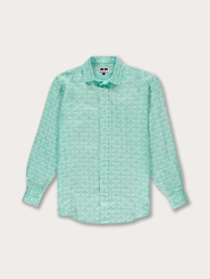 Men's Elephant Dance Mint Abaco Linen Shirt, long-sleeved with button-down front and symbolic elephant print.