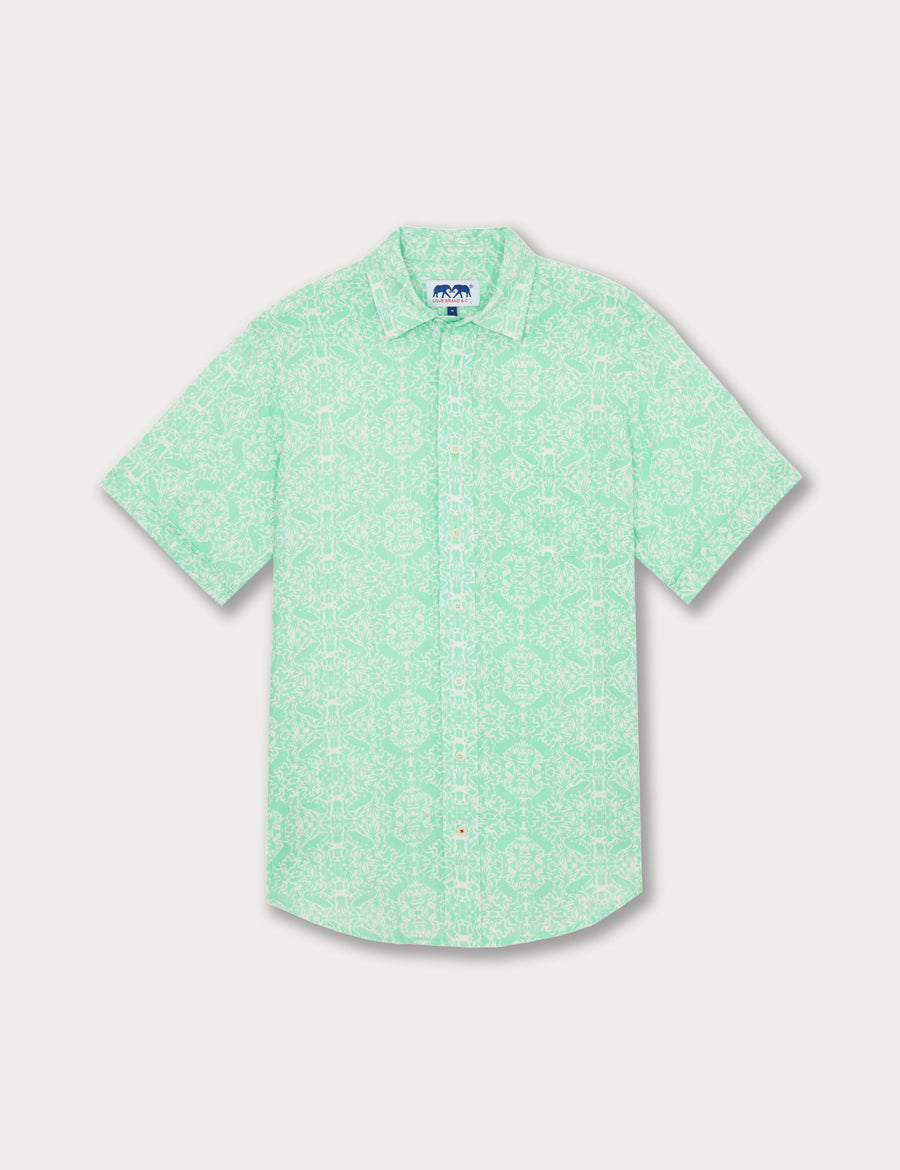 Men's Island Iguana Manjack Linen Shirt in light green with subtle iguana and palm tree patterns.