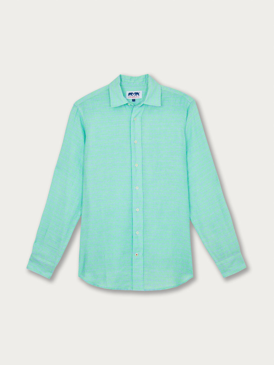 Men's Manatee Vanity Abaco Linen Shirt in Bahamas Cay Green with manatee design.