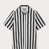 Men's Navy Candy Stripe Manjack Linen Shirt with short sleeves and a 1950s-style navy blue and white striped pattern. Men's linen shirt oozing old money style.