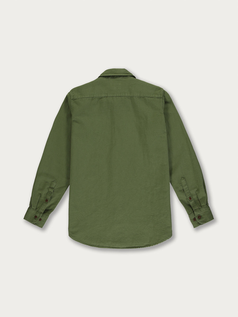 Men's Olive Atwood Cotton Shirt displayed from the back, showcasing its long sleeves, buttoned cuffs, and soft, solid olive green color inspired by the Mediterranean.