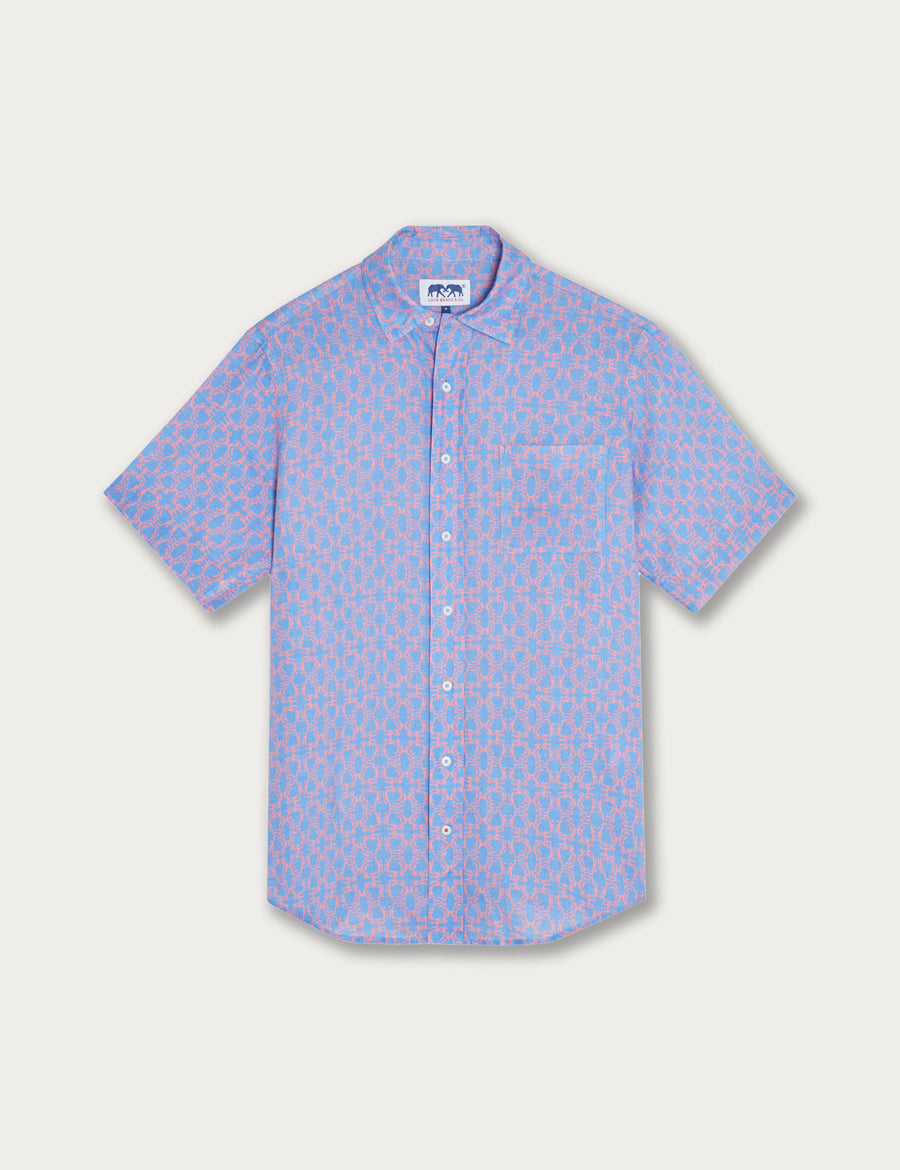 Men's Omotion Manjack Linen Shirt with geometric coral reef-inspired print in blue and red. Men's linen shirt with button-up design.