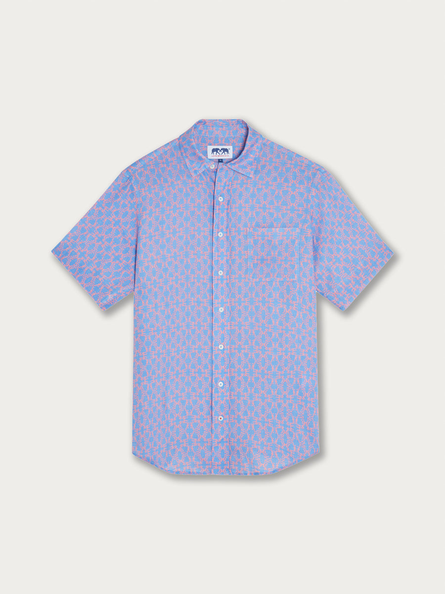 Men's Omotion Manjack Linen Shirt with geometric coral reef-inspired print in blue and red. Men's linen shirt with button-up design.