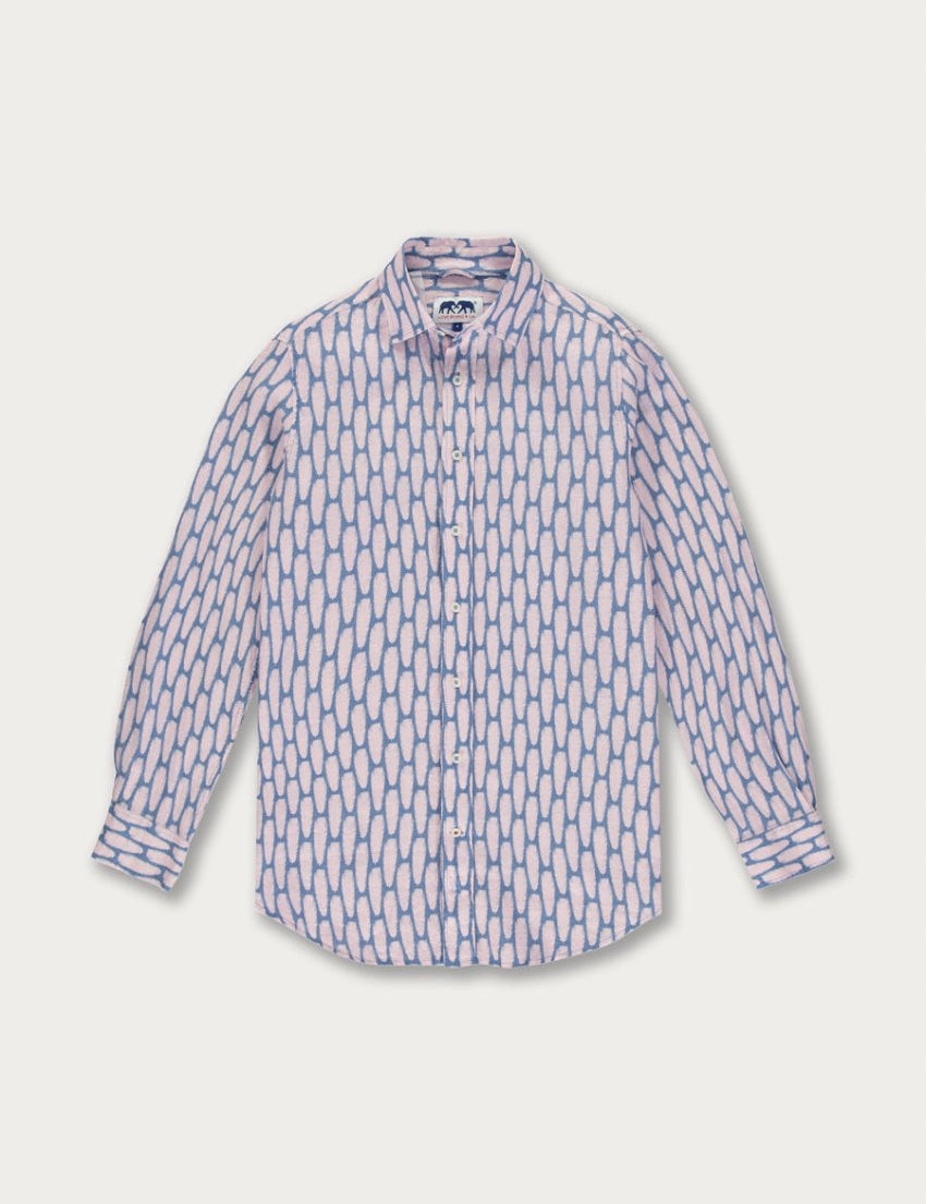 Men's Polka Palms Abaco Linen Shirt in pastel pink and powder blue with a palm feather pattern, full front view.