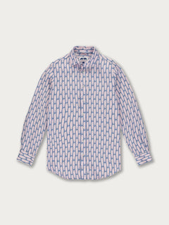 Men's Polka Palms Abaco Linen Shirt in pastel pink and powder blue with a palm feather pattern, full front view.