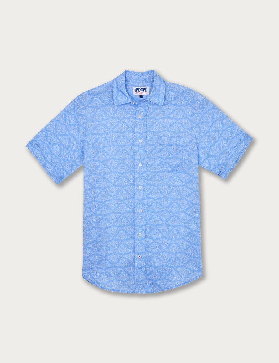 Men's blue short-sleeve shirt with Spotted Eagle Ray pattern featuring the word LOVE subtly within the design. Men's linen shirt with button-up design.