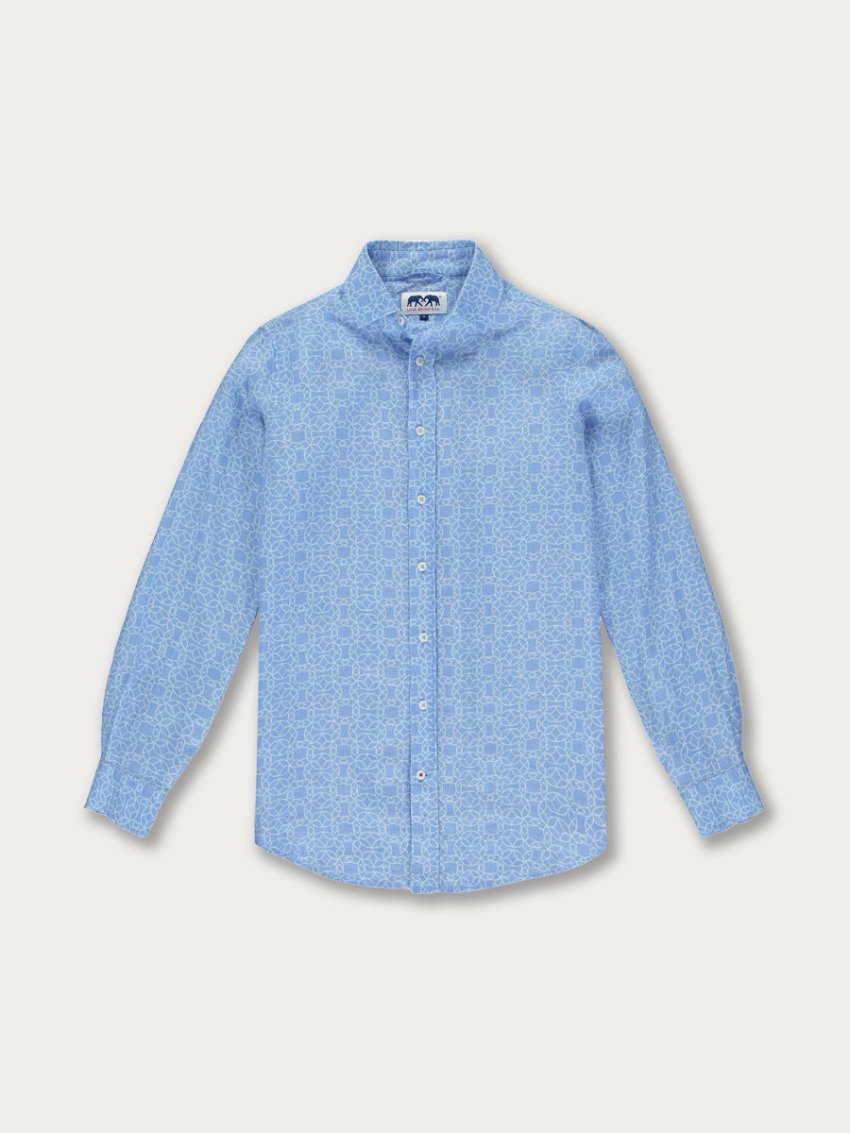 Men's Regeneration Abaco Linen Shirt with Frangipani Flower Pattern in Soft Blue Hues.