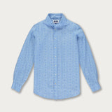 Men's Regeneration Abaco Linen Shirt with Frangipani Flower Pattern in Soft Blue Hues.