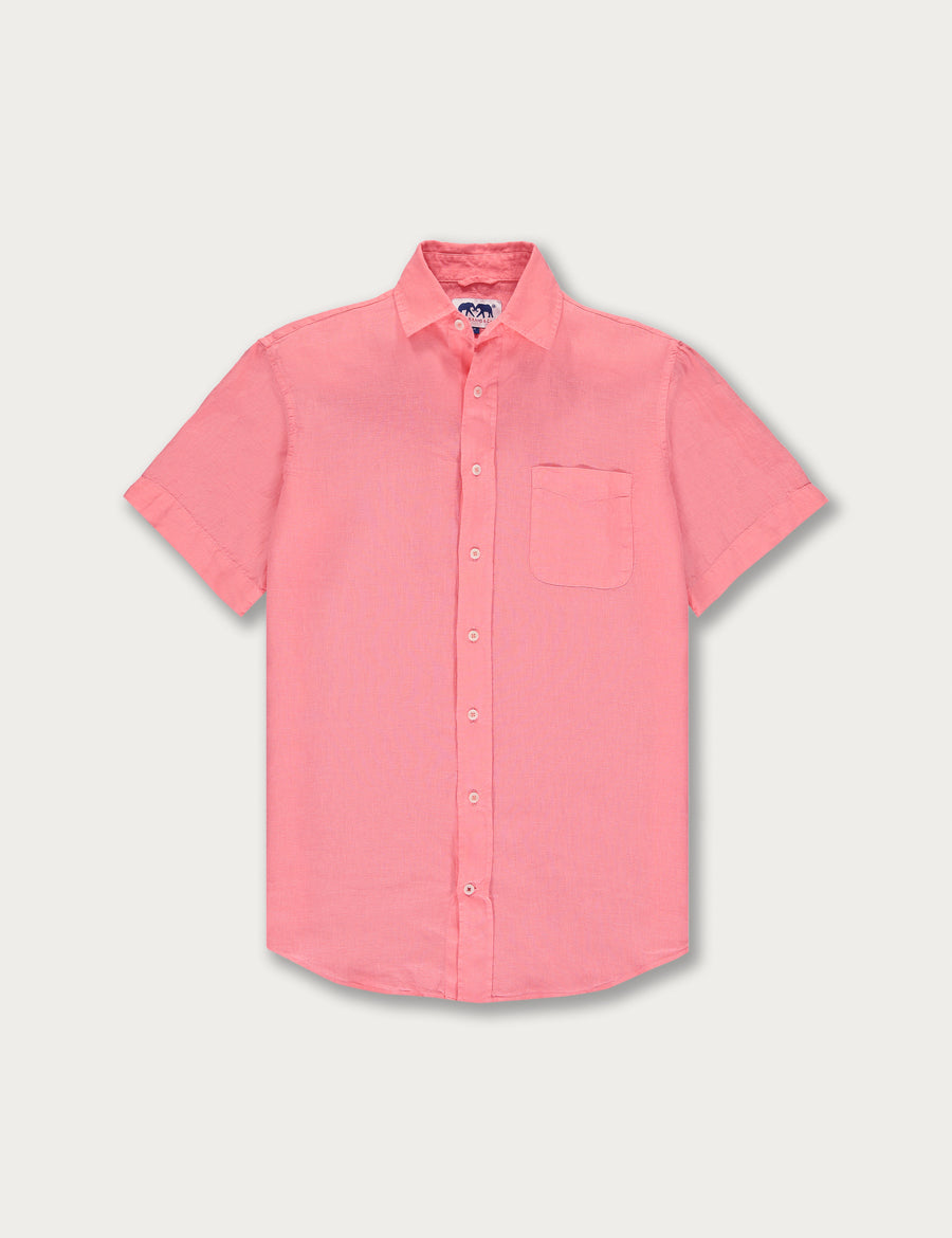 Men's Watermelon Manjack Linen Shirt in hot pink. Men's linen shirt featuring short sleeves and a front chest pocket.