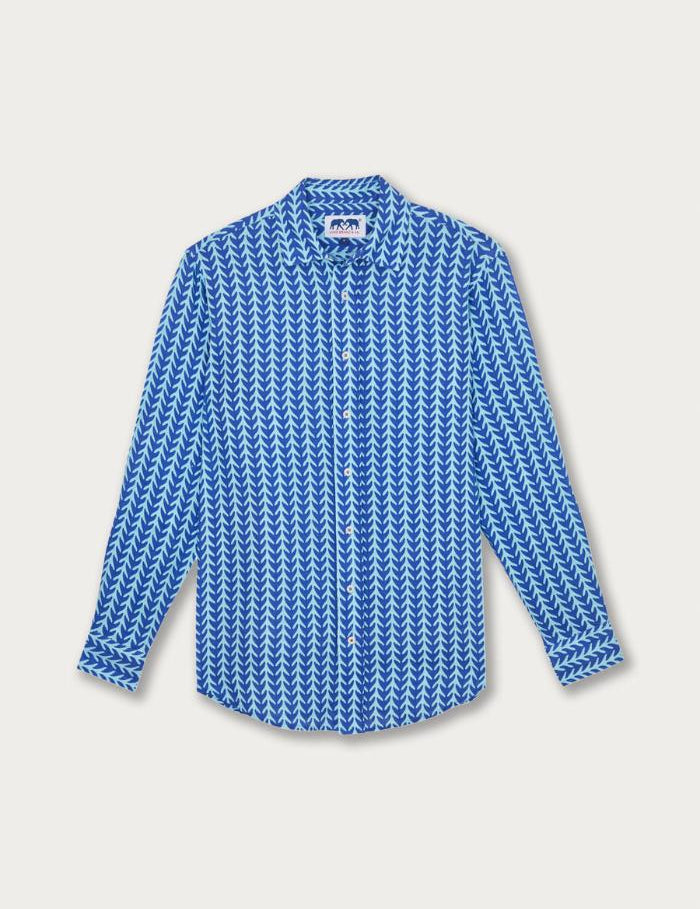 Men's Whale Tale Abaco Linen Shirt featuring a blue and white pattern with long sleeves and a button-down design.