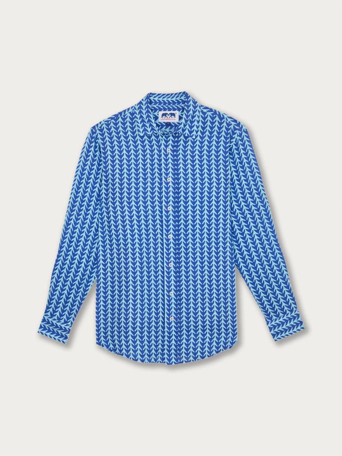 Men's Whale Tale Abaco Linen Shirt featuring a blue and white pattern with long sleeves and a button-down design.