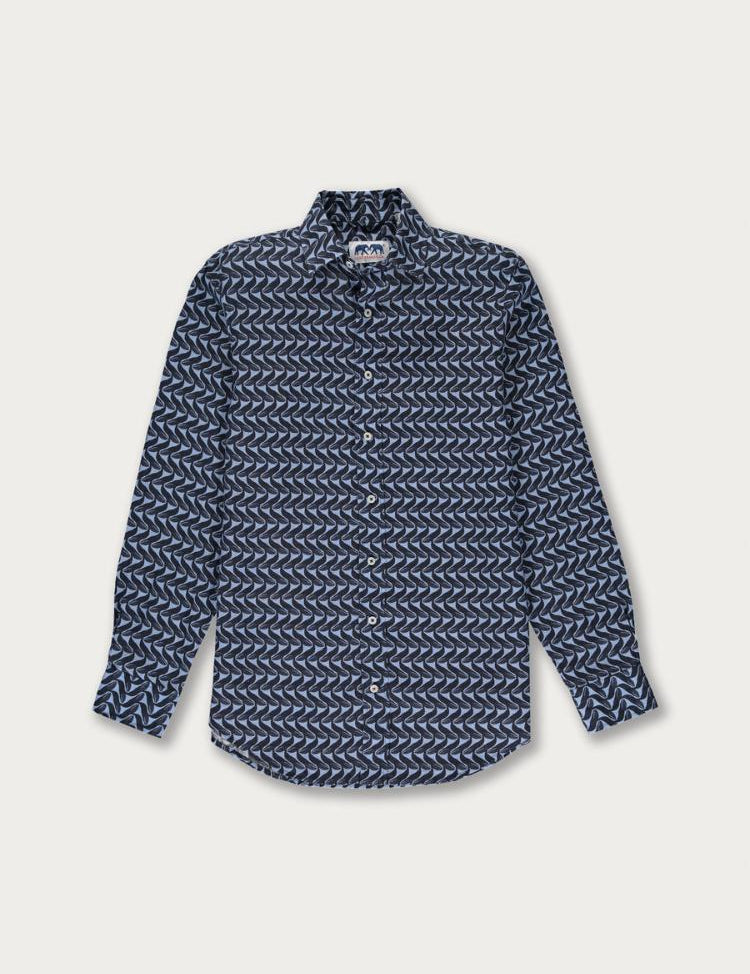 Men's Whale of a Time Abaco Linen Shirt with interlocking hidden whale pattern in deep blue, crafted from 100% soft, breathable linen.