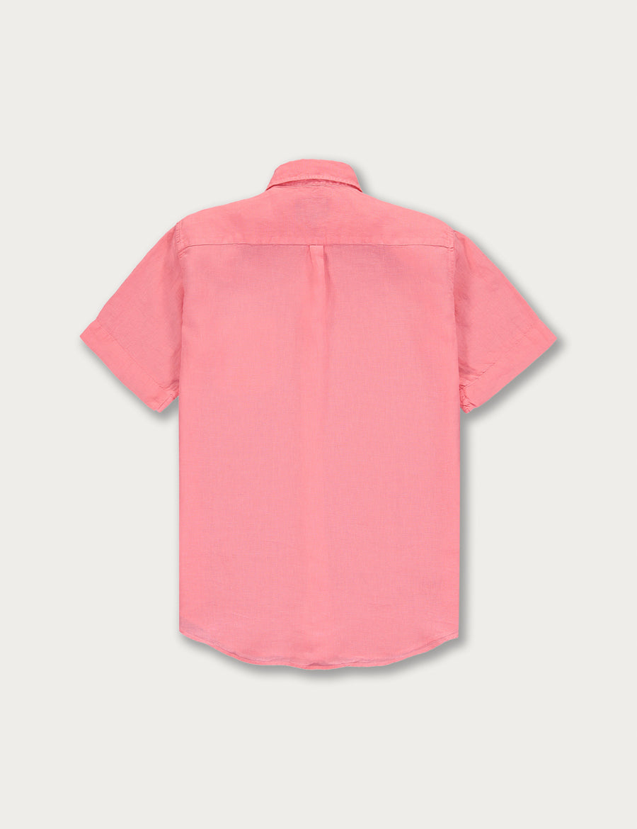 Men's hot pink linen shirt with short sleeves displayed from the back.