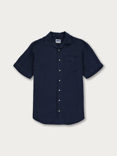 Navy Blue Arawak mens Linen Shirt featuring short sleeves and a front pocket, ideal for both evening wear and summer relaxation.