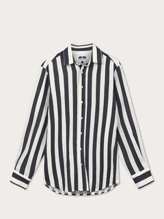 Navy Candy Stripe Abaco men's Linen Shirt - 100% linen, long-sleeved, vintage navy blue candy stripe design.