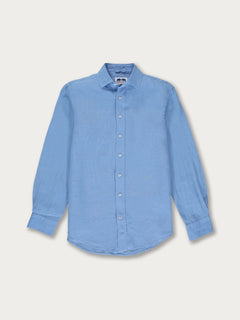 Men's Ocean Blue Abaco Linen Shirt in a calm, sophisticated shade of blue suitable for all-day wear.