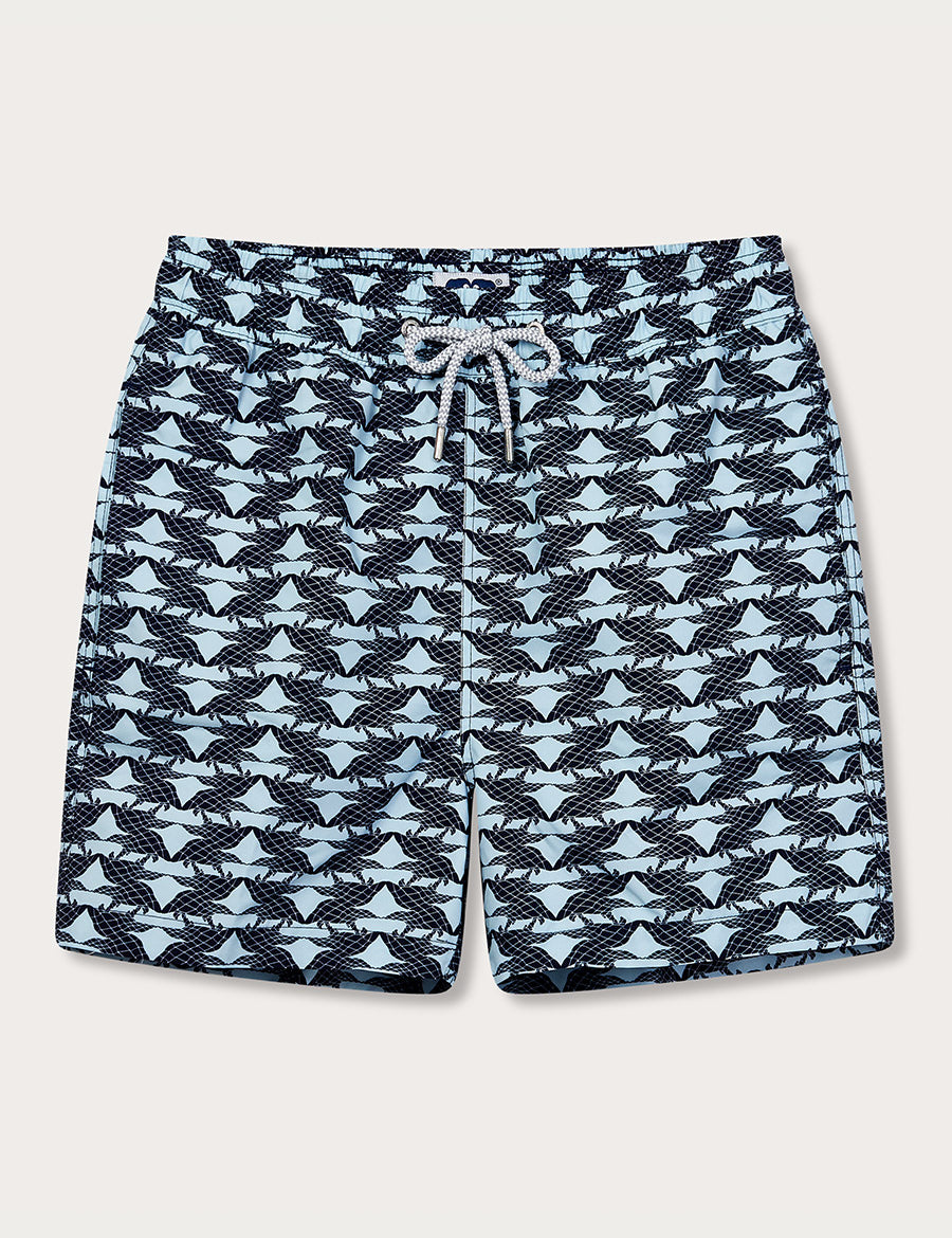 Men's Pangolin Puzzle Staniel Swim Shorts in navy and sky blue with drawstring waist, designed to raise awareness for pangolins and crafted from 100% recycled fabric.