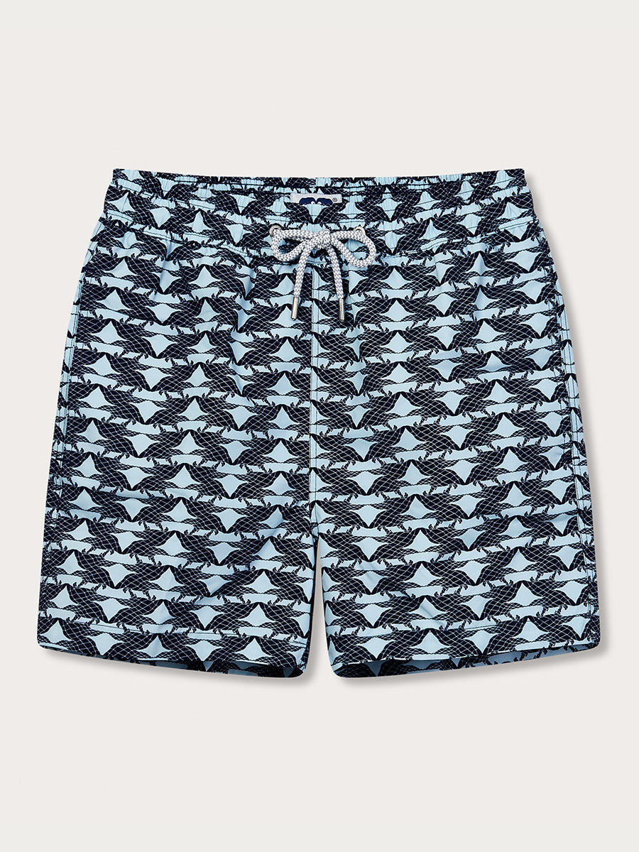 Men's Pangolin Puzzle Staniel Swim Shorts in navy and sky blue with drawstring waist, designed to raise awareness for pangolins and crafted from 100% recycled fabric.