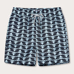 Men's Pangolin Puzzle Staniel Swim Shorts in navy and sky blue with drawstring waist, designed to raise awareness for pangolins and crafted from 100% recycled fabric.