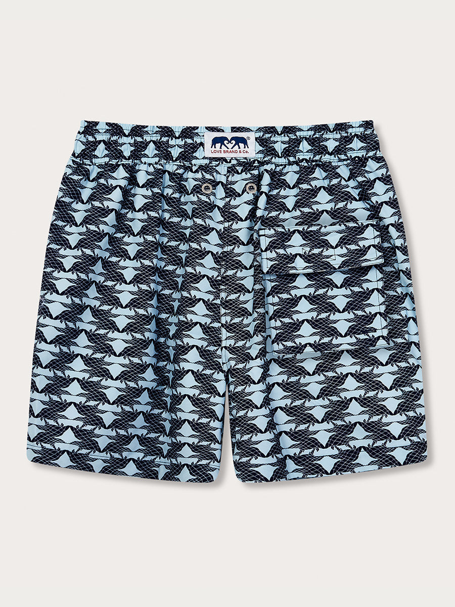 Men's Pangolin Puzzle Staniel Swim Shorts in navy and sky blue featuring a pangolin pattern, made from 100% recycled fabric.