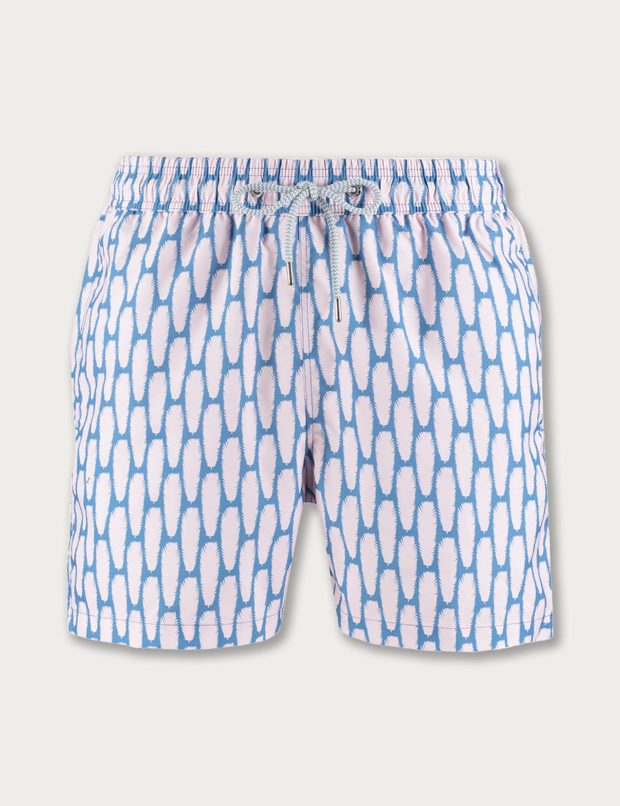 Men's Polka Palms Staniel Swim Shorts in pink and powder blue with delicate palm patterns, elastic waistband, and drawstring closure.