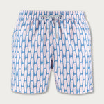 Men's Polka Palms Staniel Swim Shorts in pink and powder blue with delicate palm patterns, elastic waistband, and drawstring closure.